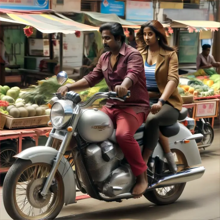 a south Indian brown skin,lean thin body man and south Indian fair skin, chubby woman riding a motorcycle down a road near lake