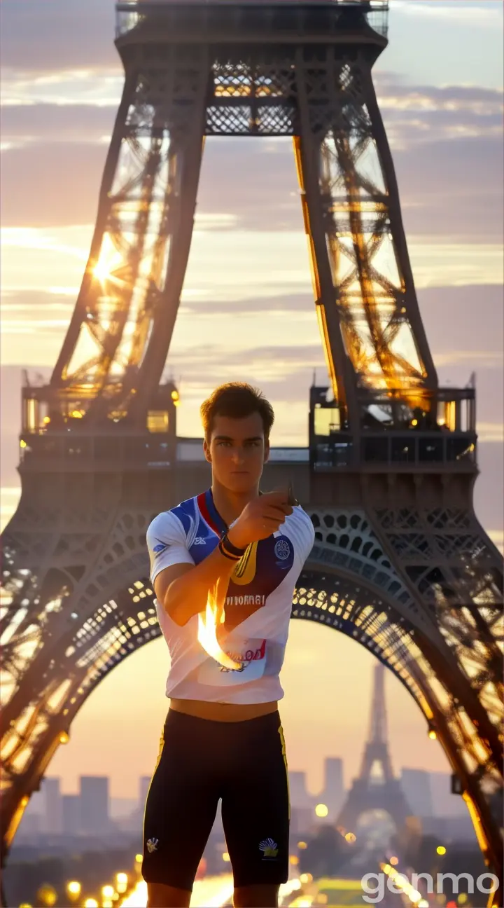 Olympic athlete carries the torch with the Eiffel Tower in the background