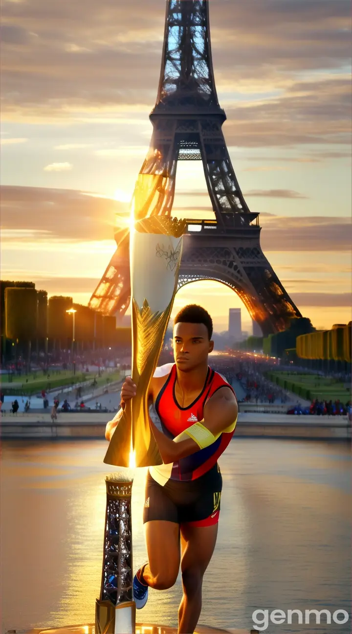 Olympic athlete carries the torch with the Eiffel Tower in the background