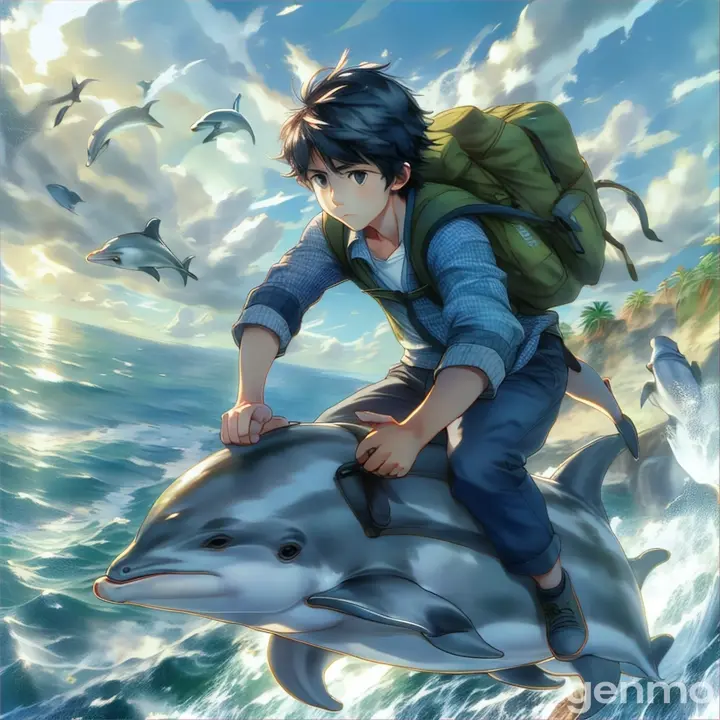 a boy riding on the back of a dolphin