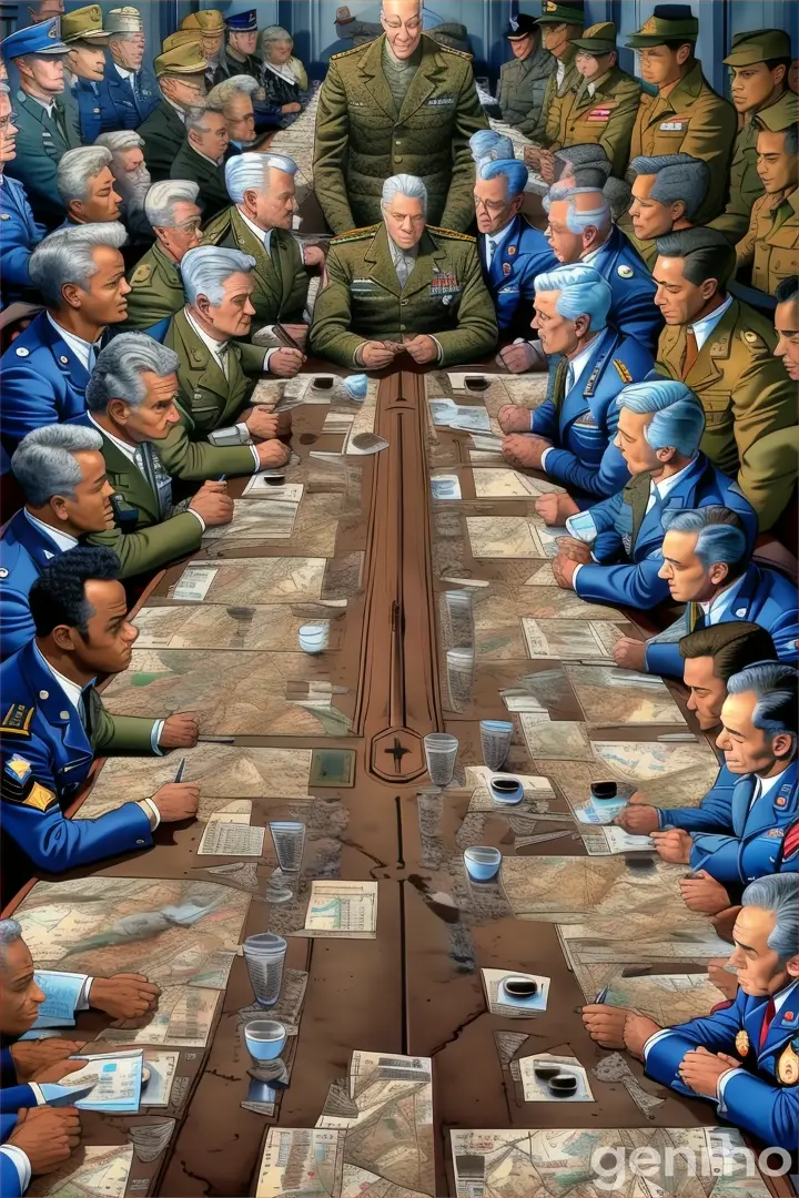 a group of military men sitting around a long table