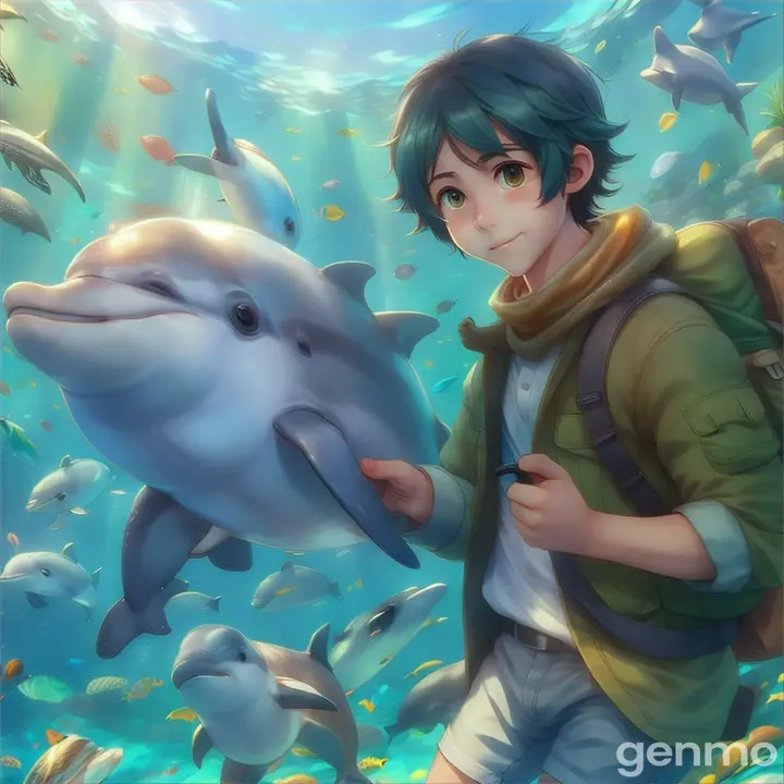 a boy is holding a dolphin in the ocean