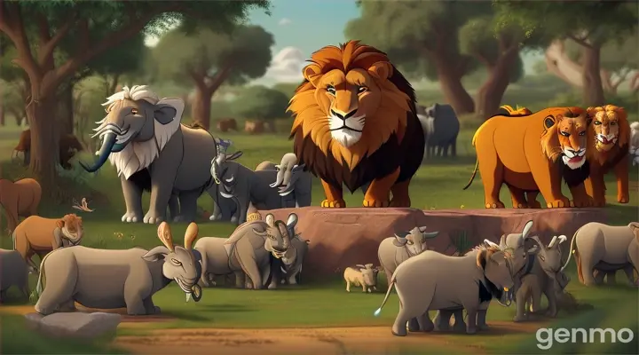 One day, the animals gathered together and decided to talk to the lion and convince him to stop harassing them. They chose a clever rabbit sheep sheep elephant buffalo cow hiran as their representative to speak with the lion. 3D animation cartoon