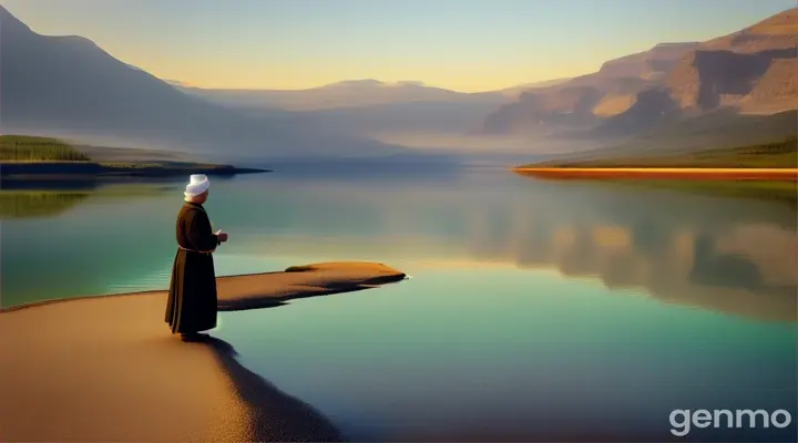 Imagine a tranquil scene on the shores of a pristine lake, its water glistening under the gentle rays of the morning sun. A wise Muslim dervish, dressed in traditional dress, stands next to a young man who looks eager and curious. The dervish holds a small handful of salt, ready to scatter it into the clear water. The calm surface of the lake reflects the surrounding greenery and distant mountains. The atmosphere is peaceful, with the gentle sounds of nature in the background, as the dervish prepares to deliver a timeless lesson about life and wisdom.