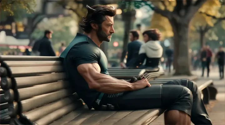 action:Wolverine looking at couples walking by in a park, feeling isolated.