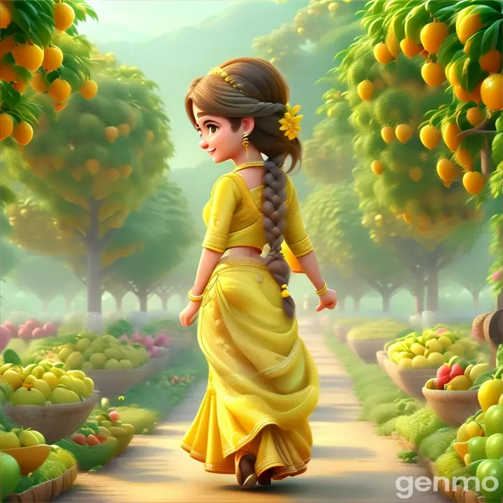 a beautiful  girl wearing light yellow saree  and yellow  blouse and braid walking  in  fruits garden  posterior view 3D animation cartoon  zoomin 