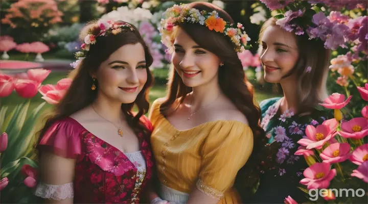 Prompt: The enchanted garden returns to its peaceful and colorful state, with flowers sighing in relief and joy. Rosalind and Bella stand together, surrounded by the cheerful flowers.
