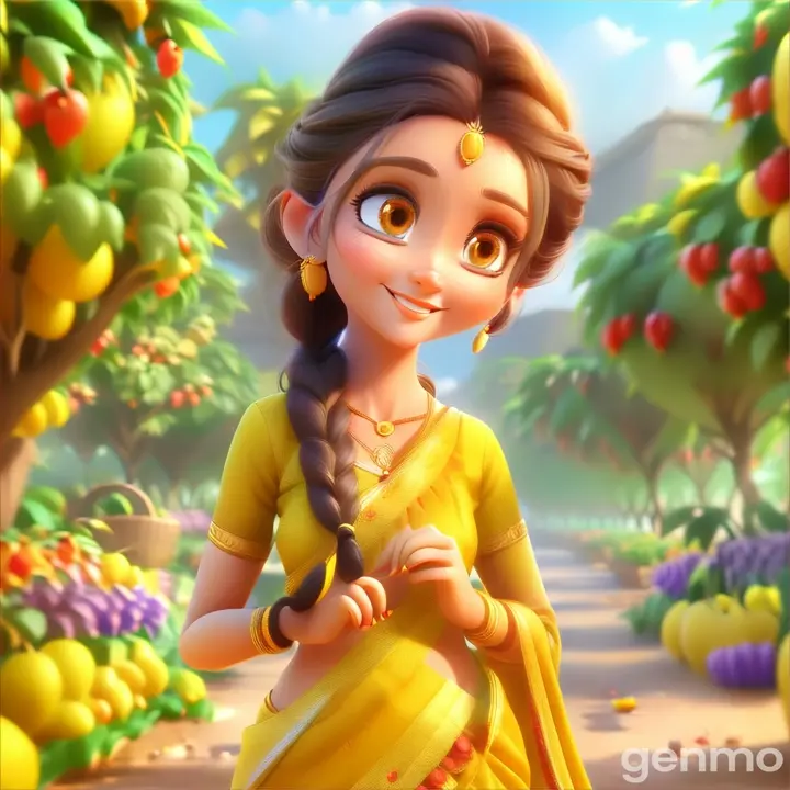 a happy  beautiful  girl wearing light yellow saree  and yellow  blouse and braid walking  in  fruits garden  3D animation cartoon  zoom in 