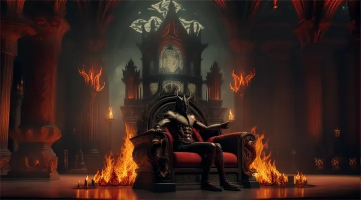 “satan sentado en su trono infernal , un dios perfecto poderoso , real 8k infierno hermoso lugar templo perfecto”