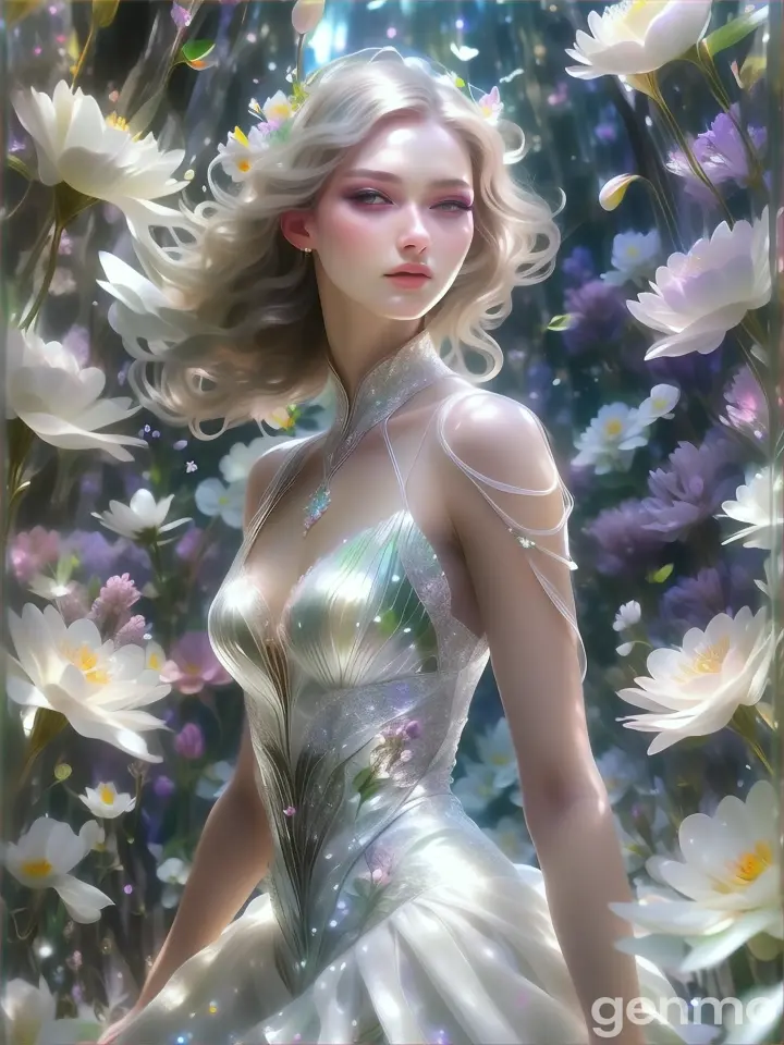 a woman in a white dress surrounded by flowers