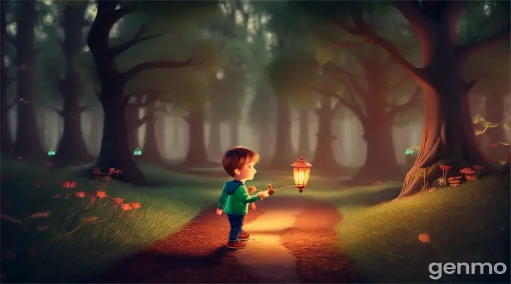 A little boy walking in a forest with a lantern in his hand. Vibrant 3D Pixar animation style create 