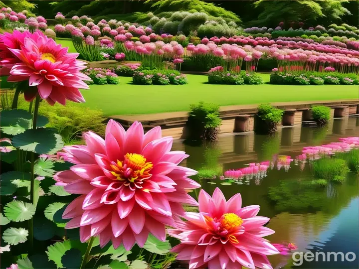 a pond with pink flowers in it next to a lush green field