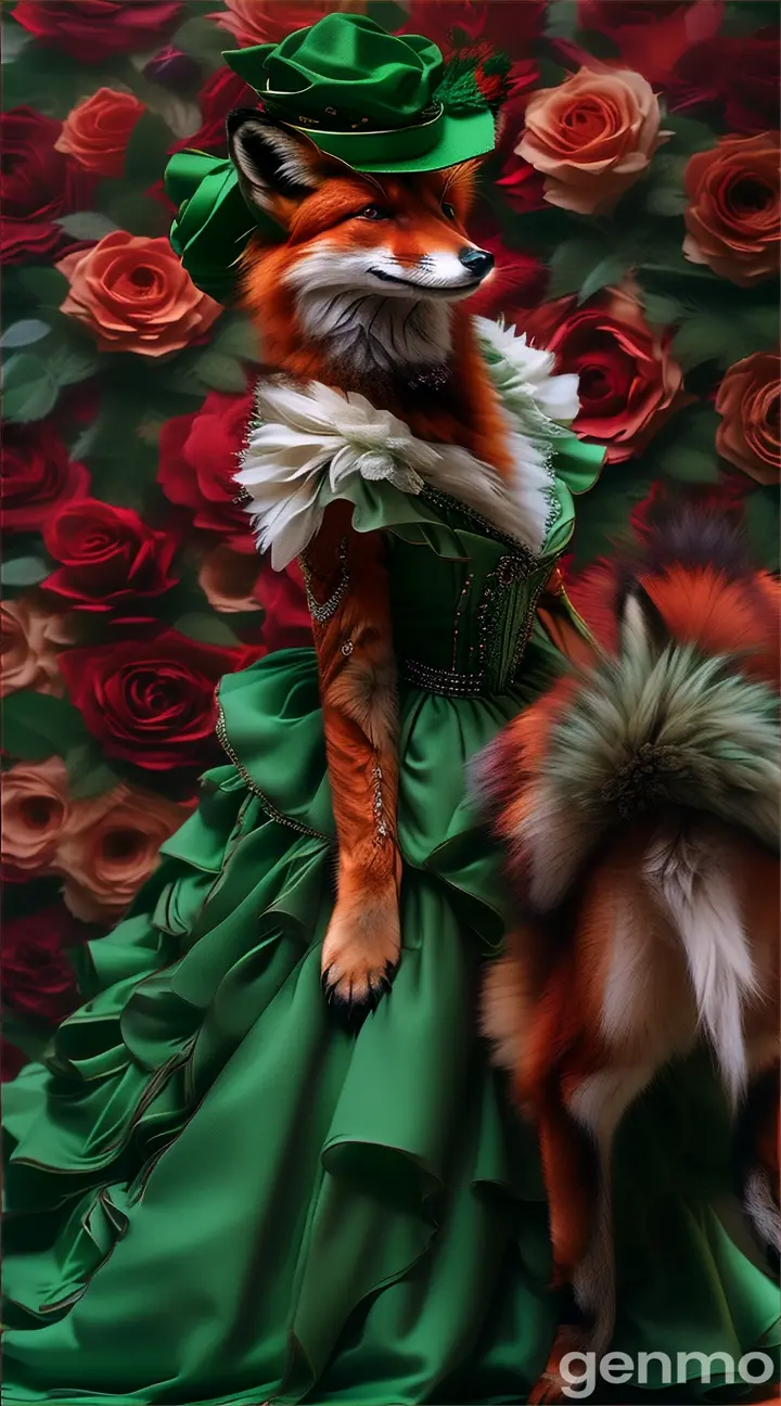 a fox dressed in a green dress and a green hat