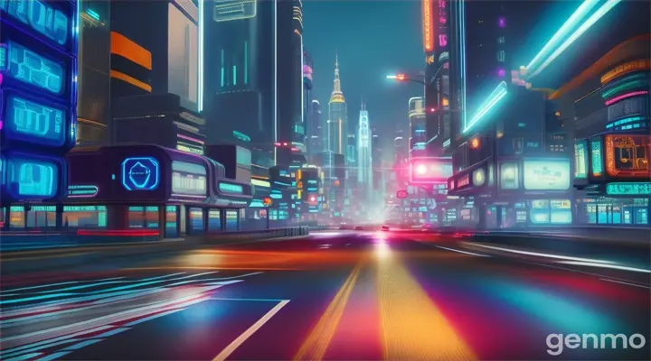 BRIGHT DAY, STREET OF A FUTURISTIC CITY WITH BLUE NEON LIGHTS AND SKYSCRAPERS