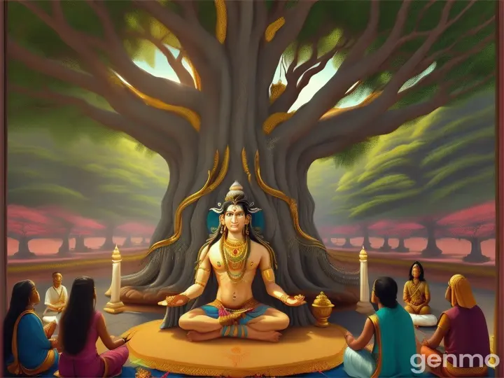 Teachings of Lord Shiva
Scene: Shiva imparting wisdom to sages and devotees.
Image Ideas: Shiva sitting in a teaching posture under a large banyan tree, with sages sitting around, listening intently