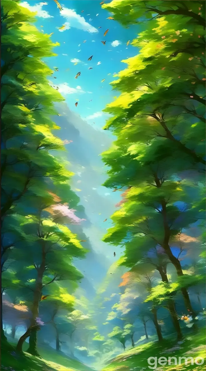 a painting of a green forest with lots of trees