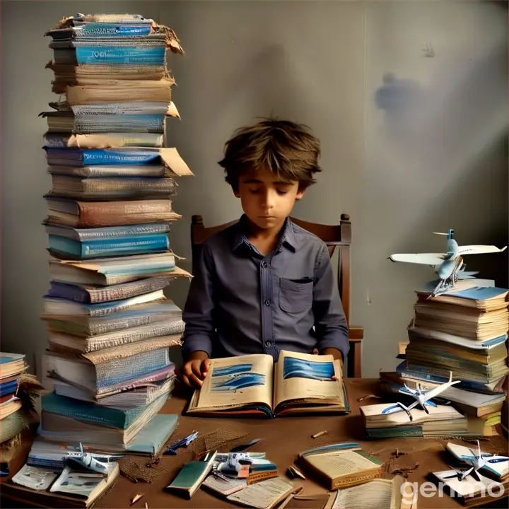 a young boy sitting at a table with a stack of books