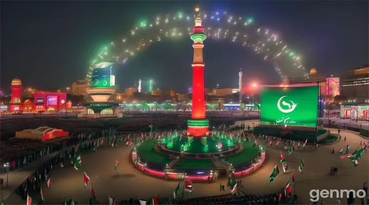 8k wide shot: A bustling city square in Lahore, filled with vibrant energy as people of all ages wave Pakistani flags. The iconic Minar-e-Pakistan towers in the background, illuminated in green and white lights. Groups of friends take selfies, families gather for picnics, and a live band plays patriotic songs on a stage adorned with the national flag.