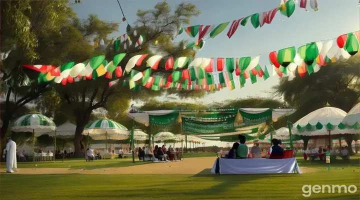 8k wide shot: An upscale park in Islamabad, beautifully decorated with green and white balloons and banners. Families and friends gather on neatly arranged picnic mats, holding Pakistani flags. Children run around with face paint and flag-themed accessories, while adults engage in lively conversations and enjoy a special Independence Day concert on a temporary stage.