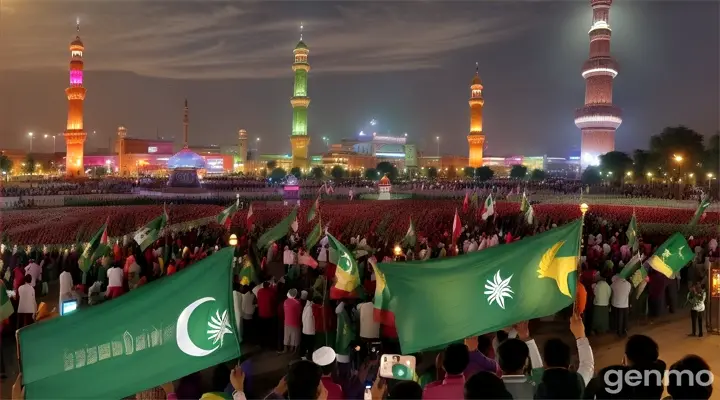 8k wide shot: A bustling city square in Lahore, filled with vibrant energy as people of all ages wave Pakistani flags. The iconic Minar-e-Pakistan towers in the background, illuminated in green and white lights. Groups of friends take selfies, families gather for picnics, and a live band plays patriotic songs on a stage adorned with the national flag.