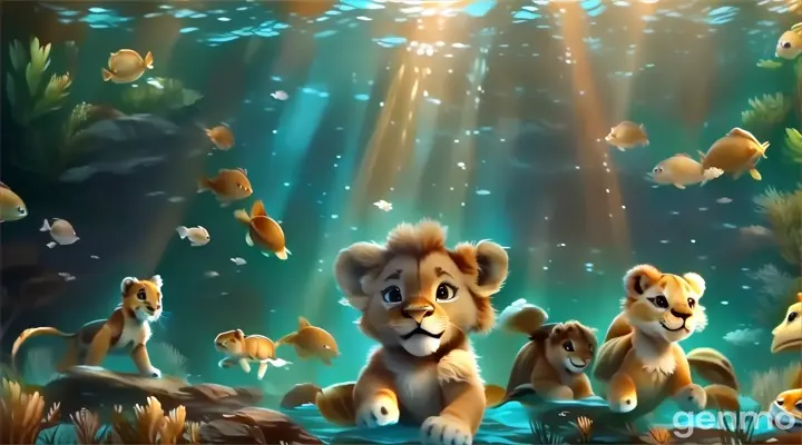 Create a video of a lion cub and a turtle swimming underwater 