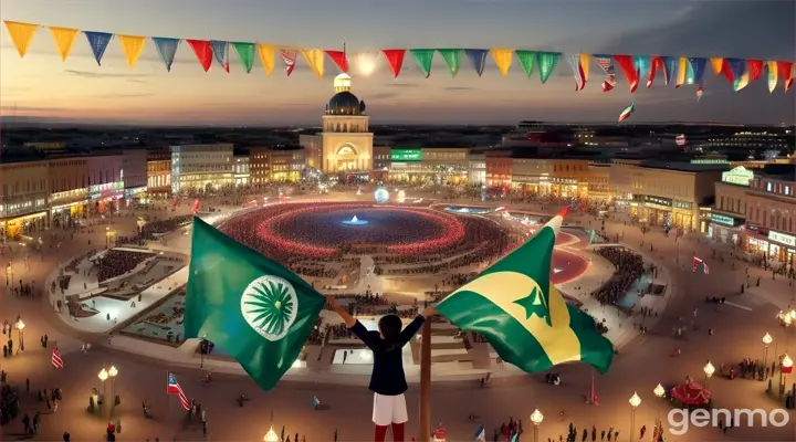 8k Wide Shot: In a vibrant and modern town square, a young Pakistani girl and boy hold hands, each waving a small Pakistani flag. They are surrounded by a group of friends in stylish outfits, all celebrating Independence Day. The wide shot captures the grand fountain in the background, with the sleek city skyline and festive banners adding to the lively and joyful atmosphere.