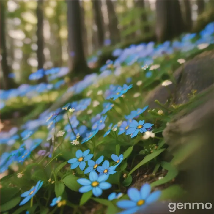 Forget-me-nots in a forest clearing, close-up