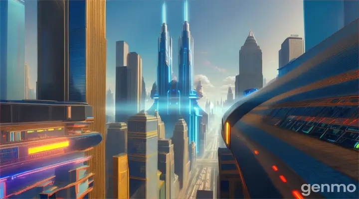 BRIGHT DAY, STREET OF A FUTURISTIC CITY WITH BLUE NEON LIGHTS AND SKYSCRAPERS, a futuristic flying machine flies above the street.