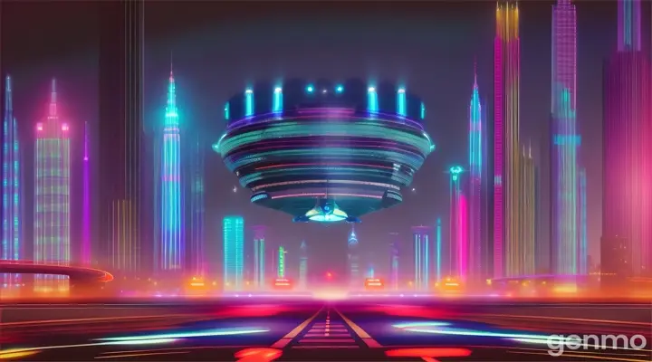 BRIGHT DAY, STREET OF A FUTURISTIC CITY WITH BLUE NEON LIGHTS AND SKYSCRAPERS, a futuristic flying machine flies above the street.