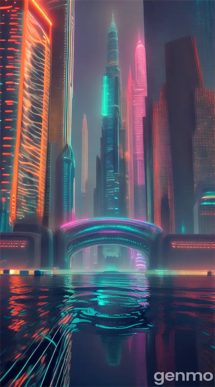 A futuristic city underwater with holographic sea creatures swimming around the buildings.