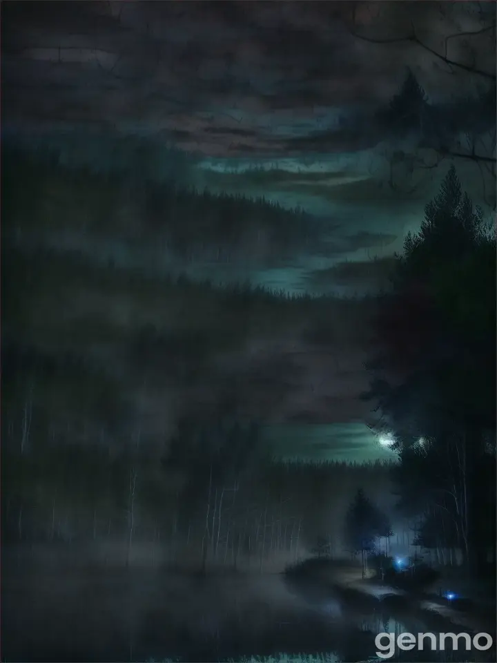 a dark forest with a lake at night