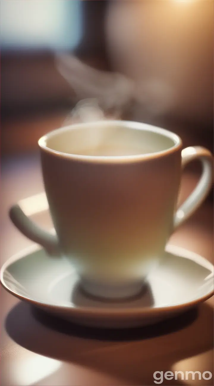 a high quality professional photo of a cup of tea with steam rising, beverage photography, close up, shallow depth of field, realistic, front view, product image, bokeh, 8k, still life, cozy atmosphere