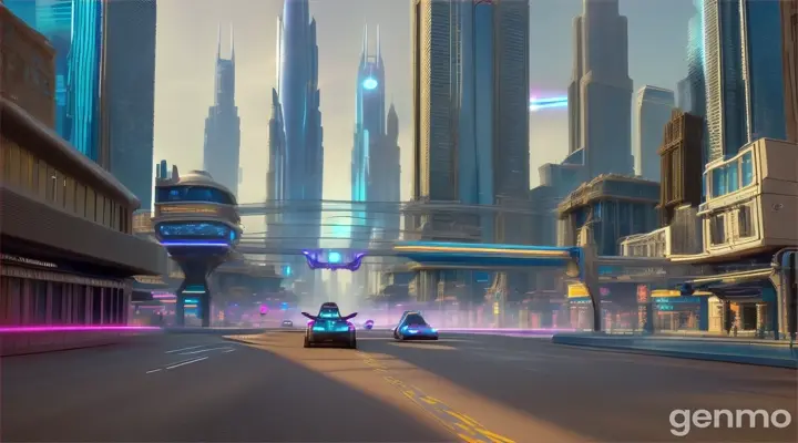 BRIGHT DAY, STREET OF A FUTURISTIC CITY WITH BLUE NEON LIGHTS AND SKYSCRAPERS, a futuristic flying machine flies above the street.