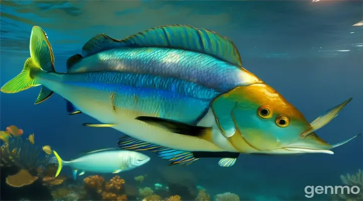 16;9 [EXT. OPEN OCEAN - DAY]

A colorful mahi-mahi swims swiftly through the water, its vibrant body glistening in the sunlight.

NARRATOR (V.O.)
"...the Mahi-Mahi’s colors are so bright."
