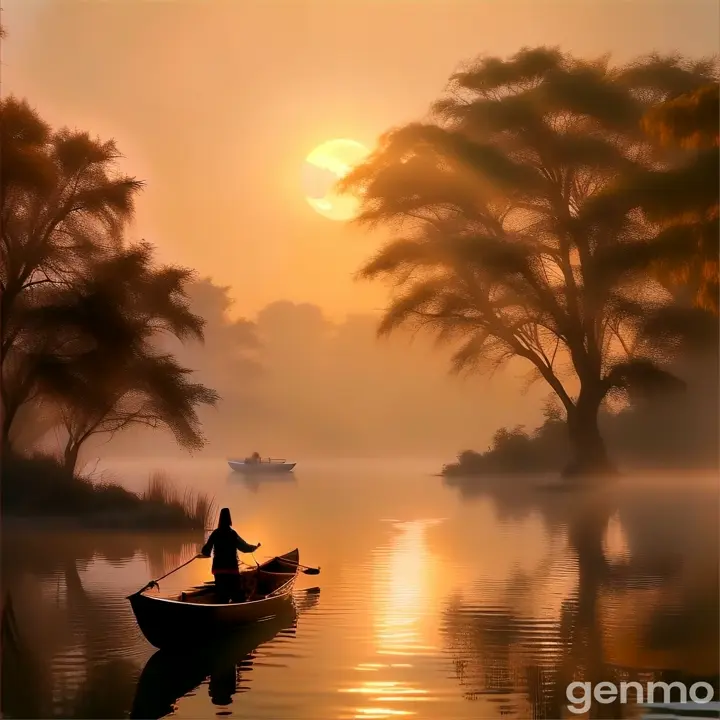 a person in a row boat on a lake at sunset
