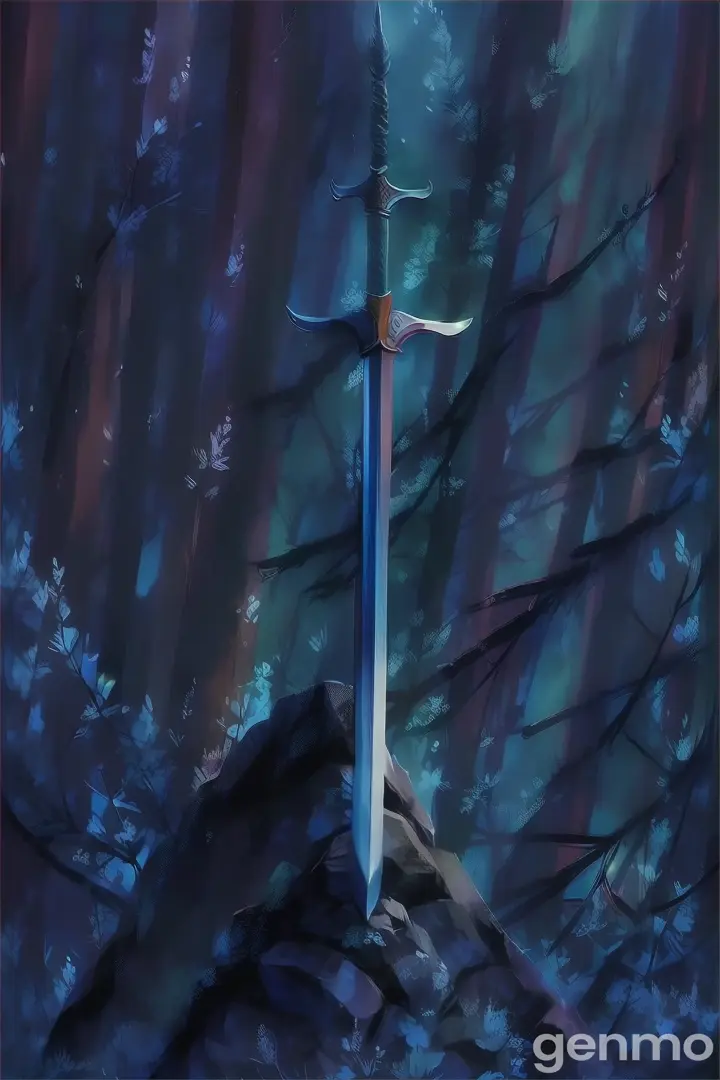 a painting of a sword in the middle of a forest