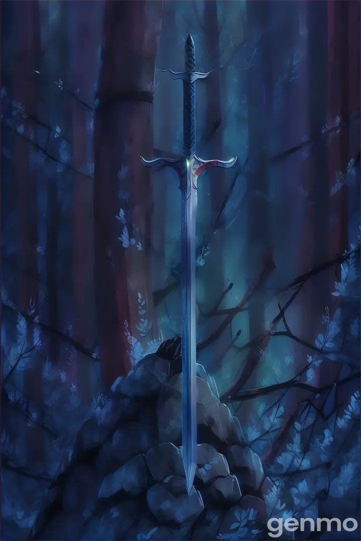 a painting of a sword in the middle of a forest