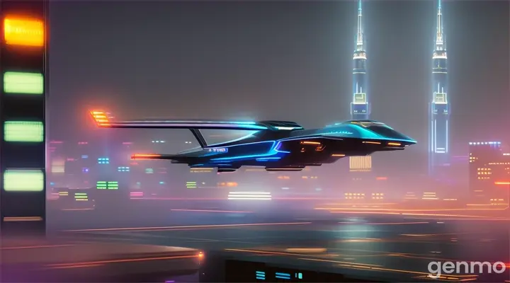 BRIGHT DAY, STREET OF A FUTURISTIC CITY WITH BLUE NEON LIGHTS AND SKYSCRAPERS, a futuristic flying machine flies above the street.