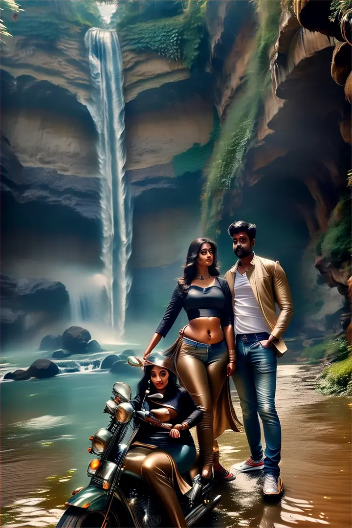 a thin body south Indian man and a chubby south Indian woman wearing Full sleeve coat Full sleeve jeans dancing fast  next to a motorcycle, far from waterfall,water stream,near right side majestic palace far from thick jungle,drone shot 