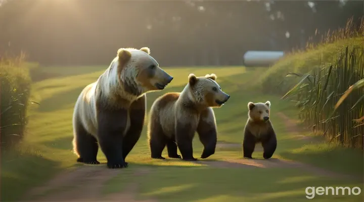 playfull video of a bear and a bear cub in a sugarcane farm in 16:9 ratio