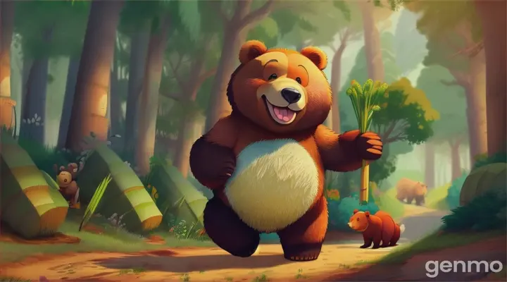 playful cartoon of a bear carrying sugarcane bunch in a forest in 16:9 ratio