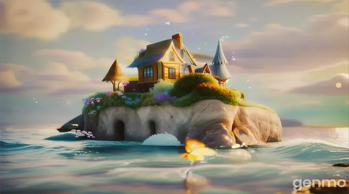 A house on a small, heart-shaped island with gentle waves lapping the shore, fairies flitting through the air