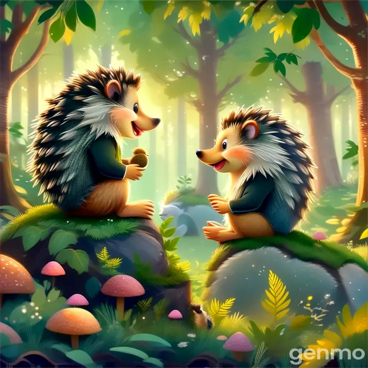 a couple of hedgehogs sitting on top of a lush green forest