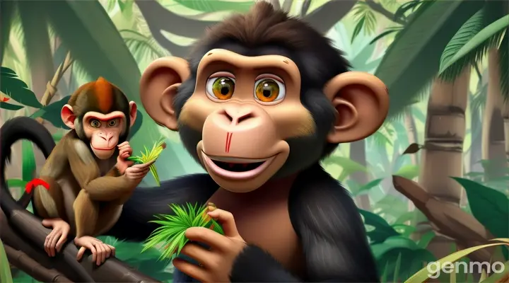 playful cartoon of one monkey eating sugarcane in a forest in 16:9 ratio