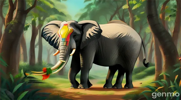 playful cartoon of one elephant eating sugarcane in a forest in 16:9 ratio