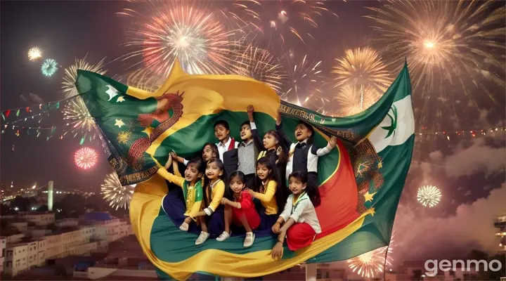8k wide shot: young Pakistani girls and boys celebrating independence day at beautiful modern street