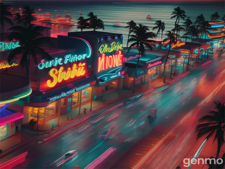 An aerial view of a neon-lit ocean drive, moon's reflection below, in the style of popular retro movie posters