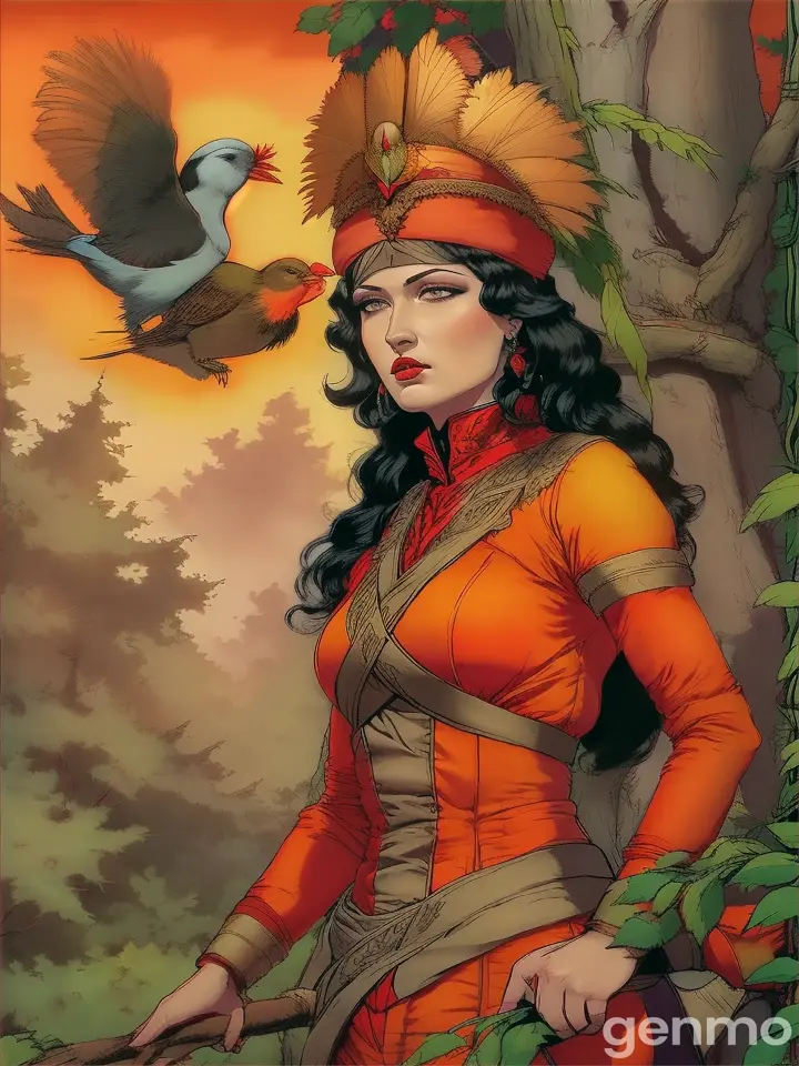 a painting of a woman with a bird on her head