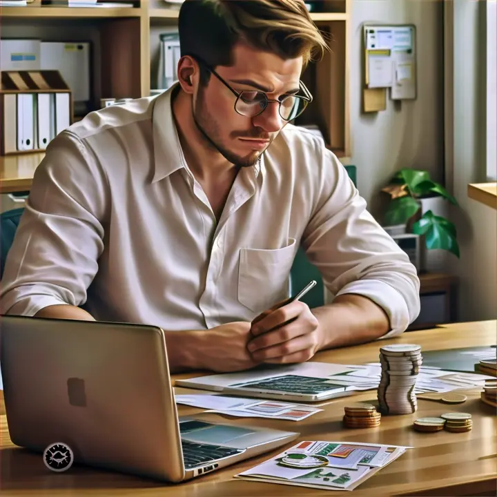 a man sitting at a desk with stacks of coins and a laptop