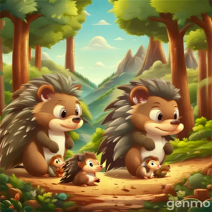 two hedgehogs in the forest with their babies